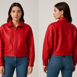 Vintage I. Magnin Vibrant Red Cropped Leather Jacket‎ Sz. XS/S